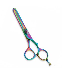 Thinning Scissor. Double Blade Teeth. Plastic Handle. Satin Finish.